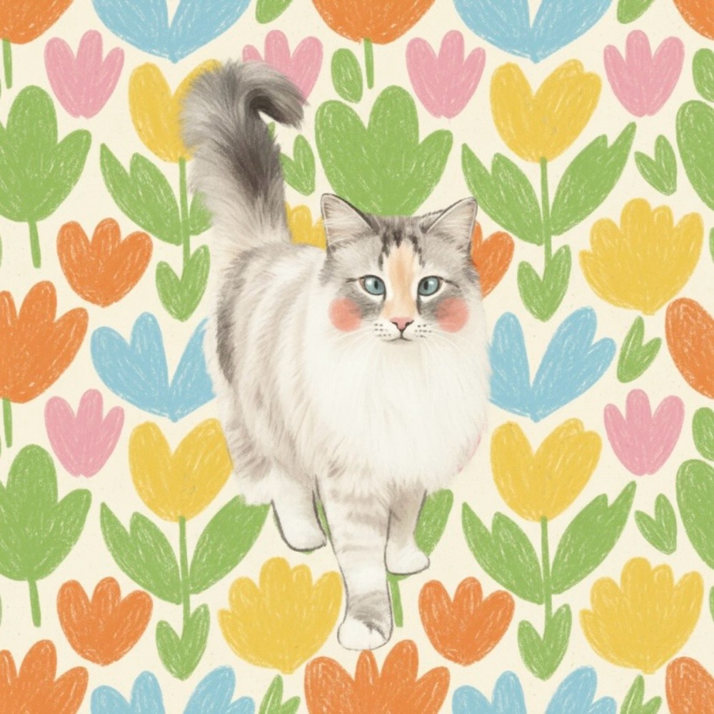 7.5 inch square print out Floral Cat Art Print in Gray and White